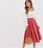 Asos Design Petite Button Front Floaty Midi Skirt With Pleats - Pink