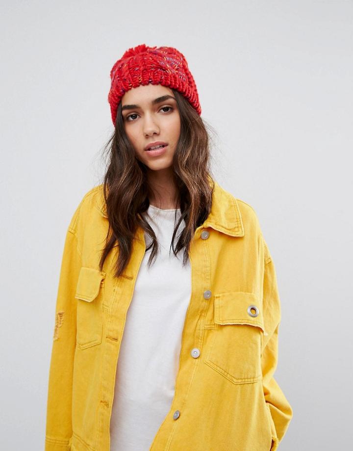 Pull & Bear Multi Colored Oversize Bobble Hat - Red