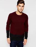 Asos Lambswool Rich Sweater In Color Block - Burgundy