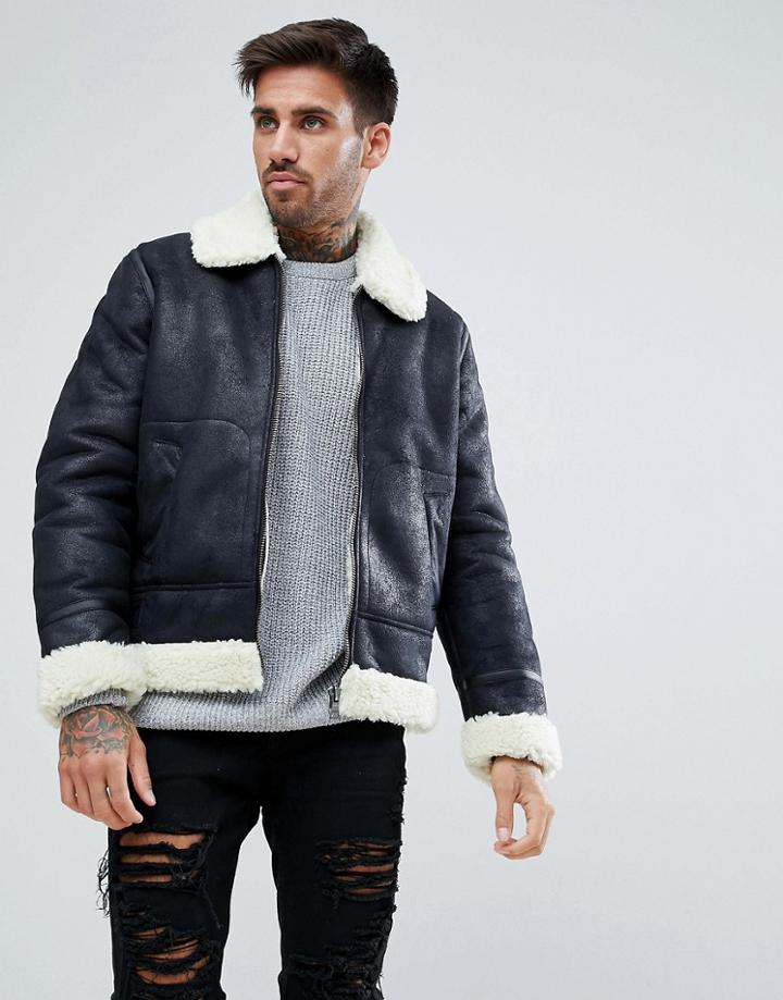 Asos Design Faux Shearling Jacket In Black - Black