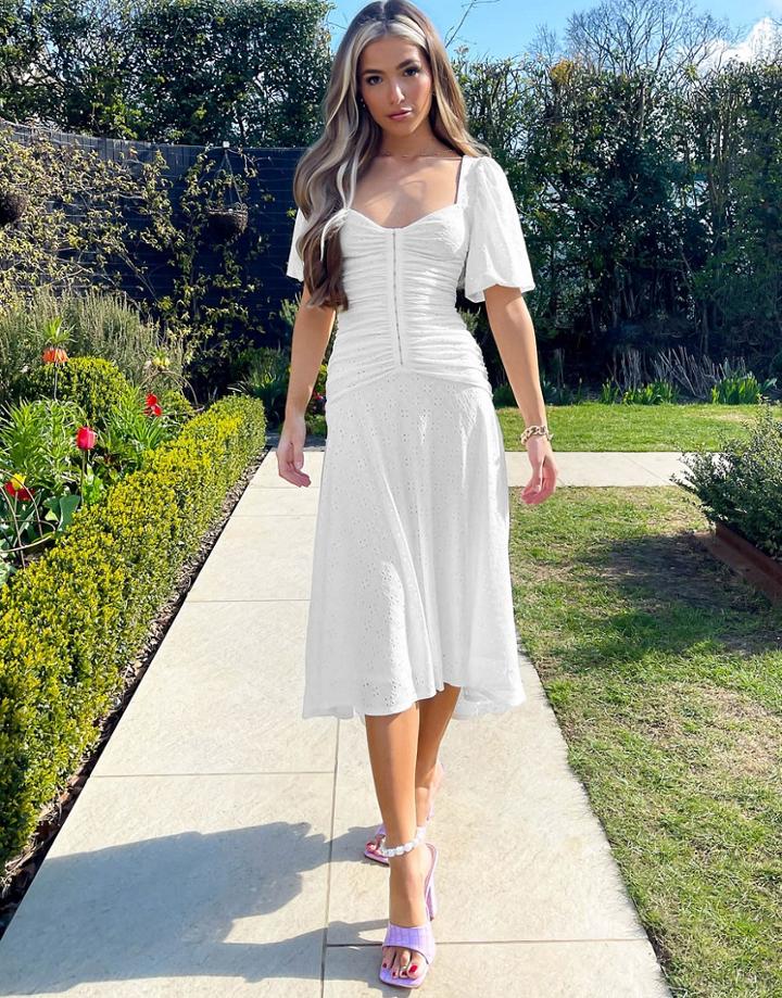 Asos Design Puff Sleeve Ruched Eyelet Midi Skater Dress In White