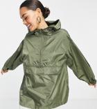 Asos Design Petite Overhead Recycled Rain Jacket In Khaki-green