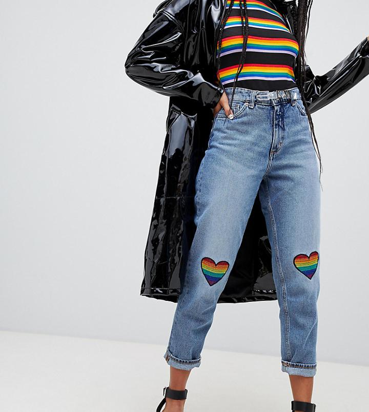 Monki Taiki High Waist Mom Jeans With Organic Cotton And Raindow Detail In Mid Blue - Blue