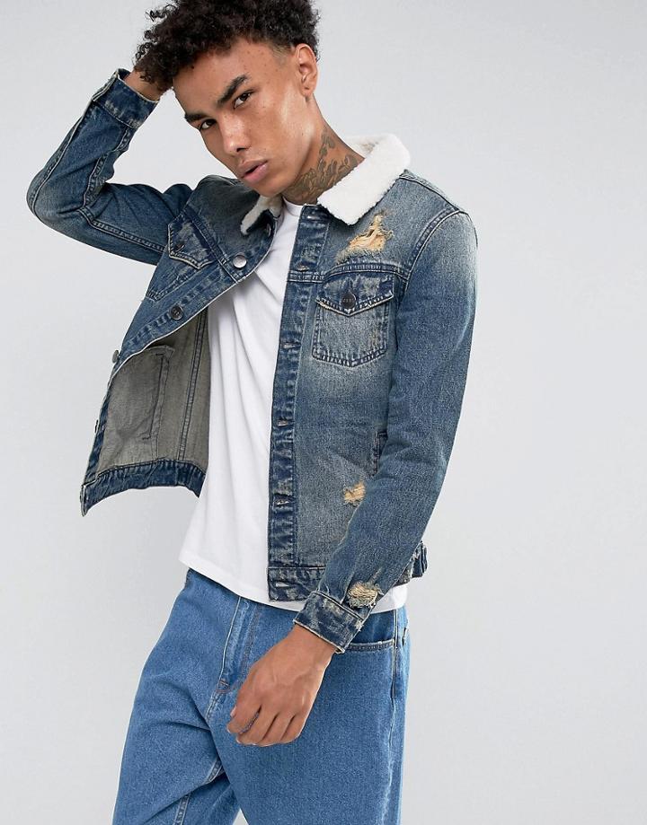 Cayler & Sons Denim Jacket In Blue With Fleece Collar - Blue