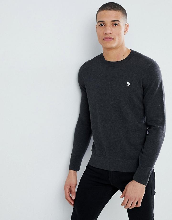 Abercrombie & Fitch Core Icon Logo Crew Neck Knit Jumper In Dark Grey Marl - Gray