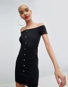 Prettylittlething Popper Detail Bardot Dress - Black