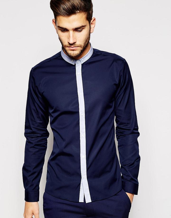 Hugo By Hugo Boss Shirt With Contrast Collar & Placket Slim Fit - Blue