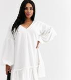 Asos Design Curve Textured Smock Dress With Frill Hem-white
