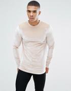 Asos Longline Muscle Long Sleeve T-shirt In Velour With Curved Hem In Beige - Beige