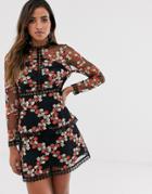 Asos Design Long Sleeve Tiered Mini Dress In Red Embroidered Floral Mesh-navy