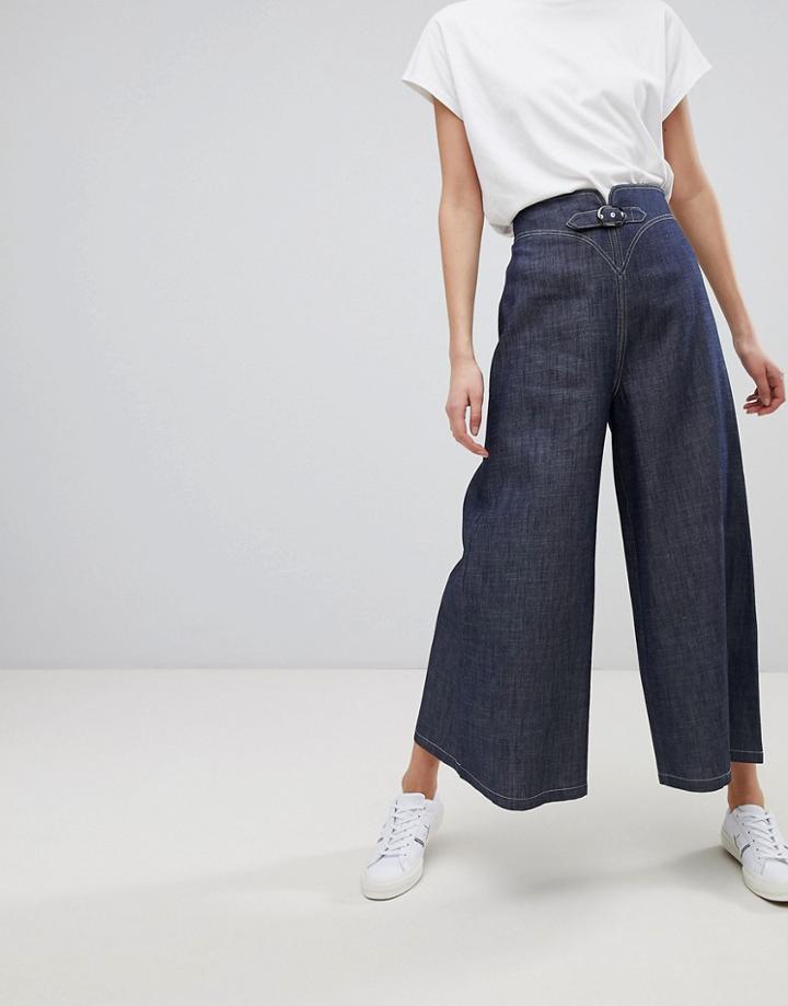 Emporio Armani Contrast Stitch Buckle Front Wide Leg Jeans - Blue
