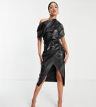Asos Design Tall Fallen Shoulder Pu Belted Pencil Midi Dress In Black