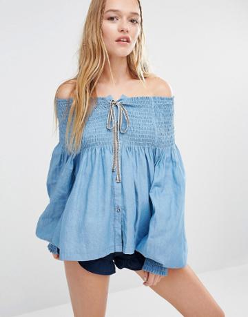 I Love Friday Off Shoulder Top With Blouson Sleeves - Blue