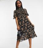 Missguided Midi Dress With High Neck In Black Floral