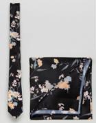 Asos Floral Slim Tie & Pocket Square - Black