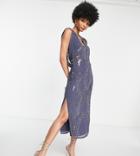 Asos Design Tall Drape Back Embellished Midi Dress In Blue