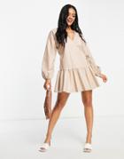 Asos Design Leather Look Wrap Front Mini Smock Dress In Stone-neutral