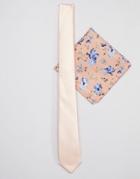 Asos Design Wedding Slim Tie In Peach With Floral Pocket Square - Pink
