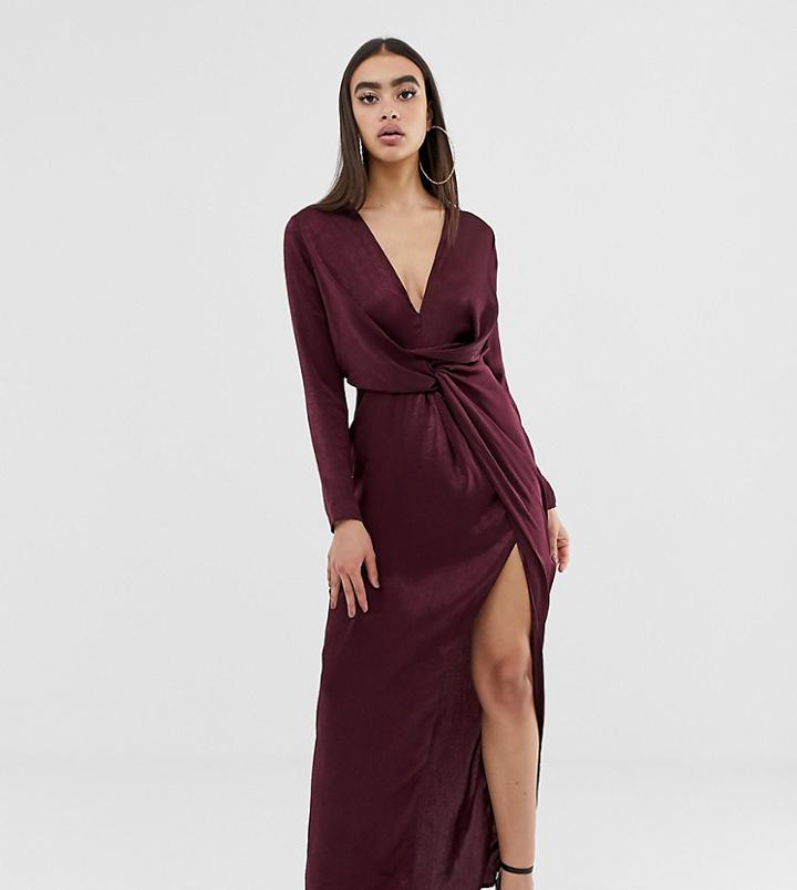 Missguided Satin Maxi Dress With Twist Front And Split In Burgundy - Red