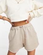 Daisy Street Active High Waisted Embroidered Sweatpants Shorts In Beige-neutral