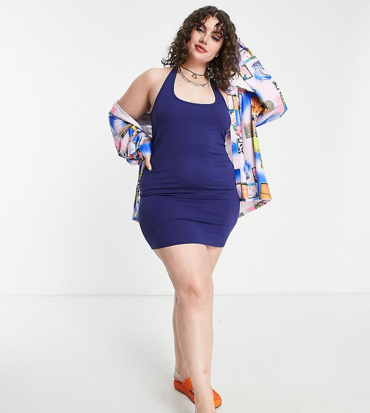 Collusion Plus Halterneck Mini Dress In Navy