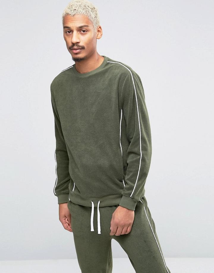 Asos Loungewear Towelling Sweatshirt With Contrast Piping In Khaki - G