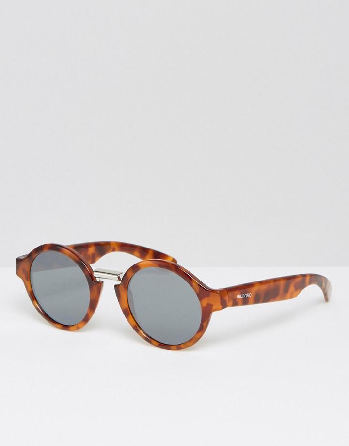 Mr. Boho Round Sunglasses Hackney In Cheetah Tortoise With Silver Lenses Made In Italy - Brown