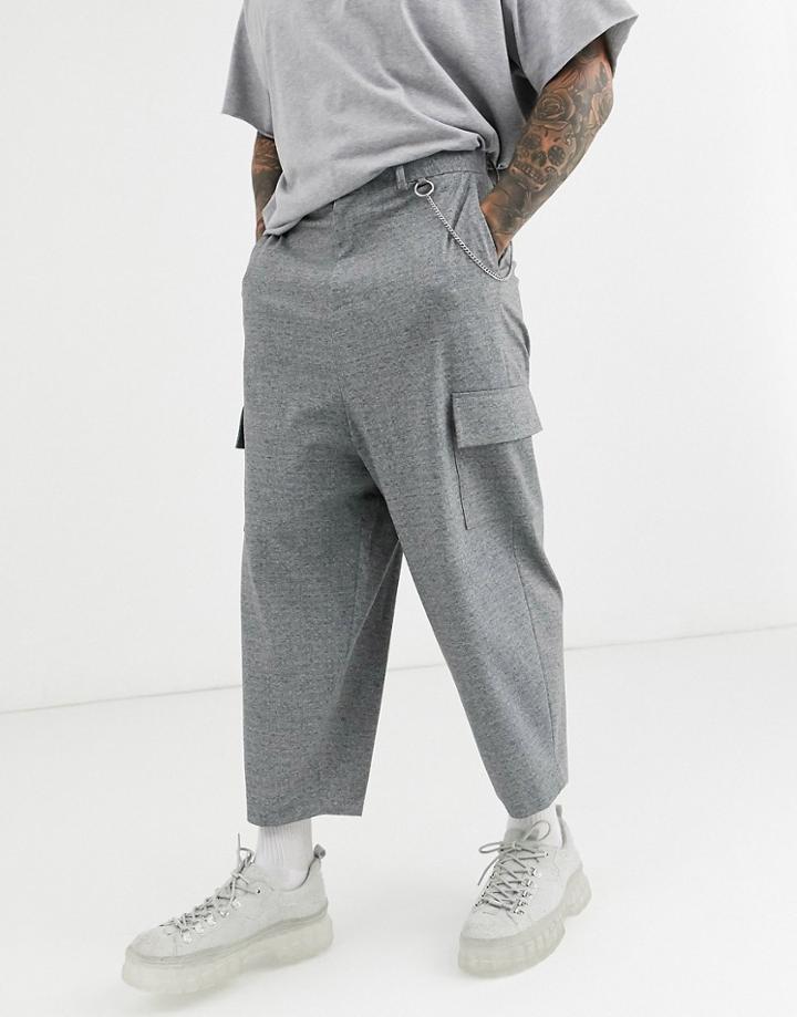 Asos Design Drop Crotch Gray Tapered Smart Pants With Cargo Pockets And Metal Chain