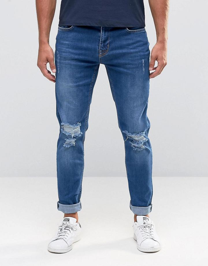 Hoxton Denim Mid Wash Knee -rip Skinny Jean - Blue