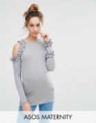 Asos Maternity Top In Rib With Cold Shoulder Ruffle And Tipping - Gray