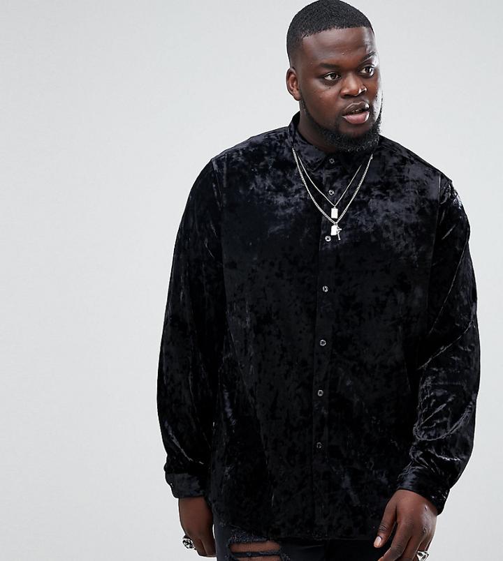 Asos Plus Regular Fit Crushed Velvet Shirt In Black - Black