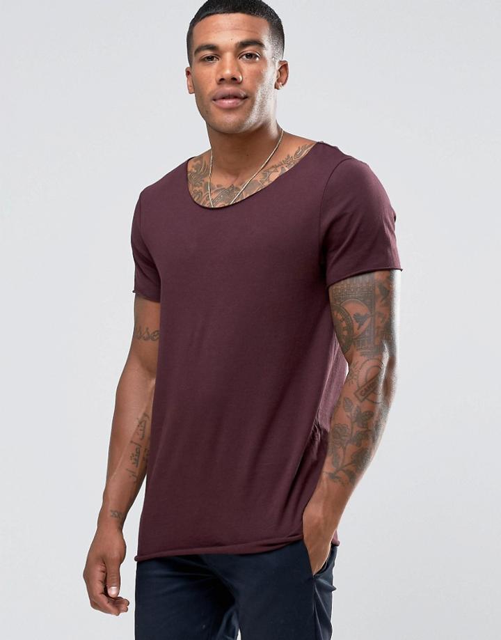 Asos Longline T-shirt With Raw Scoop Neck In Oxblood - Red