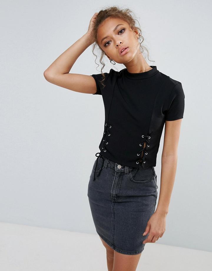 Parisian Lace Up High Neck Crop Top - Black