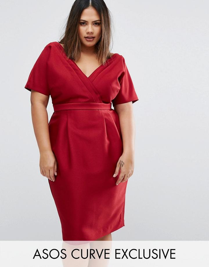 Asos Curve Wiggle Dress With Wrap Front And Seam Detail - Red