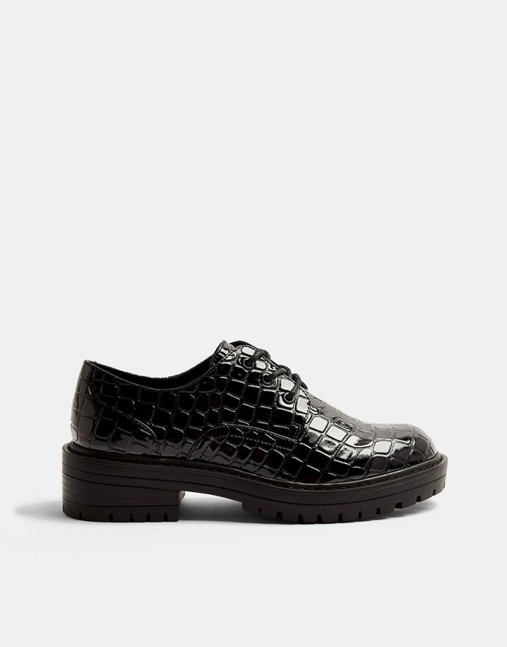 Topshop Lace Up Patent Croc Brogues In Black-blues
