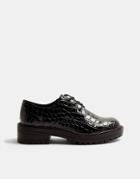 Topshop Lace Up Patent Croc Brogues In Black-blues