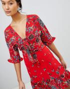 Parisian Floral Tea Dress With Tie Front - Red