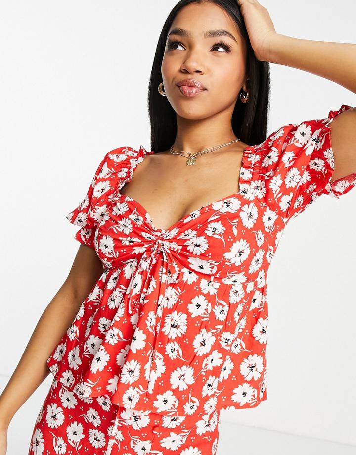 Miss Selfridge Ruched Tie Front Tea Blouse In Red Floral
