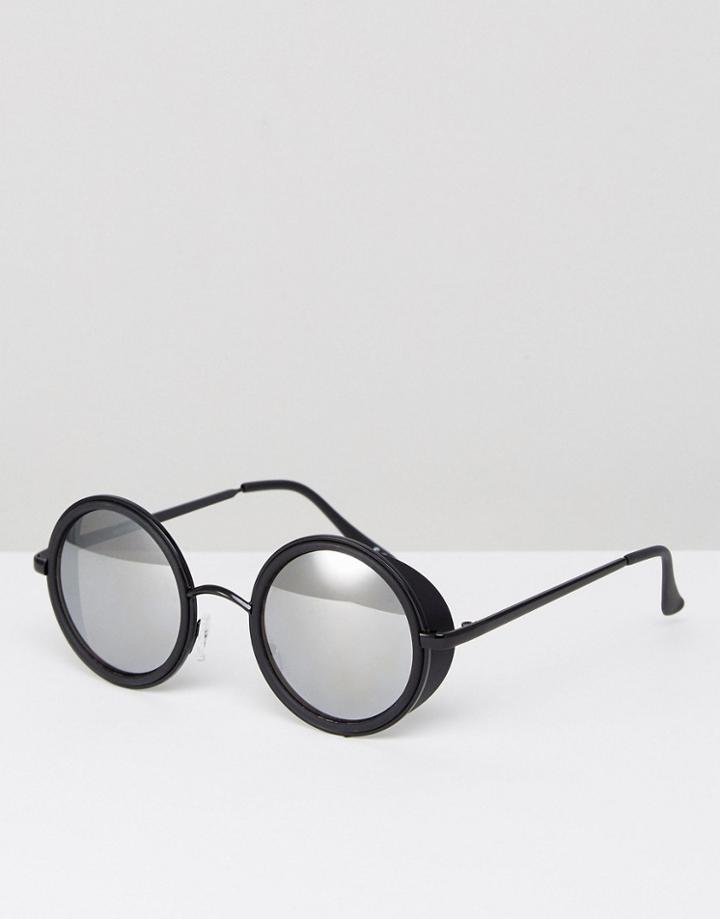 Asos Round Sunglasses In Matte Black With Side Cap And Mirror Lens - Black