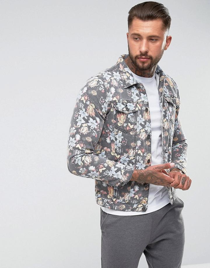 Liquor N Poker Floral Denim Jacket - Black