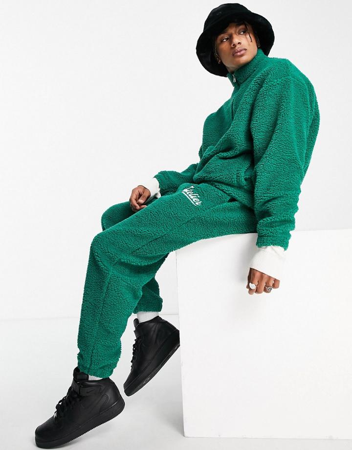 Asos Design Oversized Sweatpants In Green Sherpa With Collegiate Embroidery - Part Of A Set