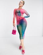Rebellious Fashion Ruched Detail Long Sleeve Midi Dress In Rainbow Print-multi