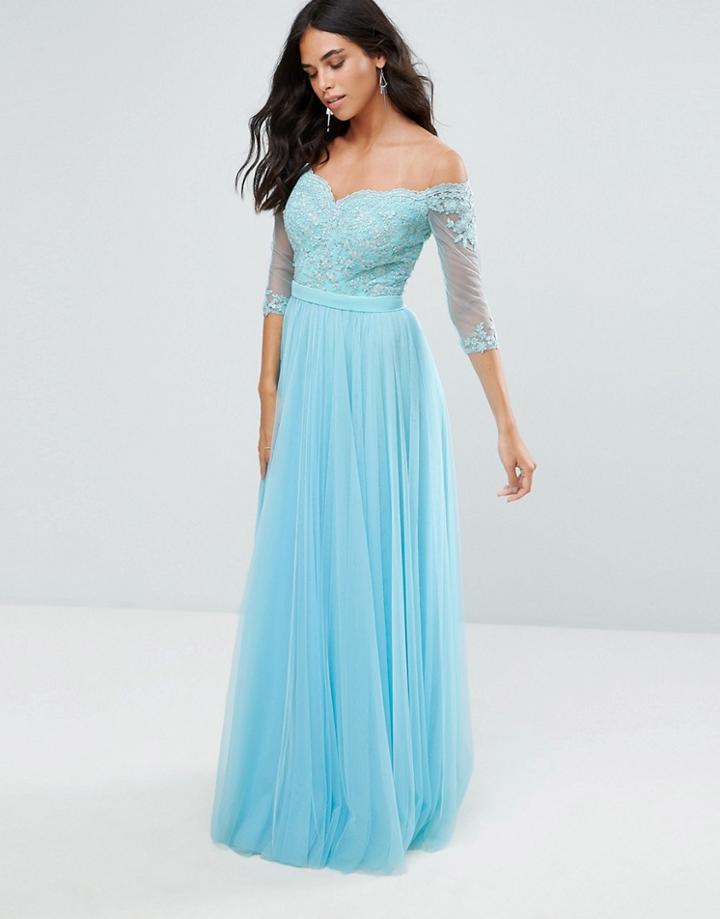 Forever Unique Bridesmaid Bardot 3/4 Sleeve Maxi Dress - Blue
