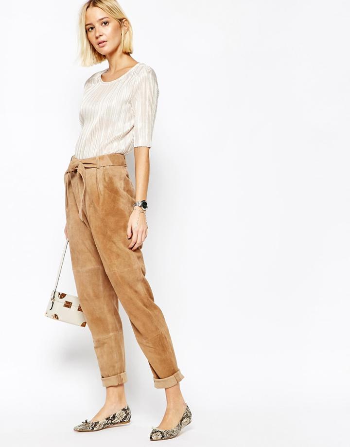 Gestuz Rebecca Tie Waist Pants In Suede - Camel
