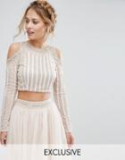 Lace & Beads Cold Shoulder Embellished Crop Top Co Ord - Cream