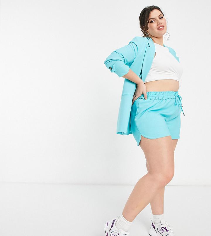 River Island Plus Tailored Runner Shorts Set In Aqua Blue-blues