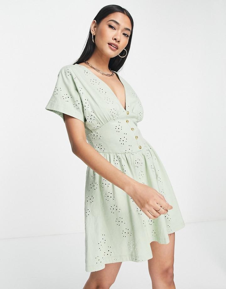 Asos Design Eyelet Mini Tea Dress With Buttons In Sage-green
