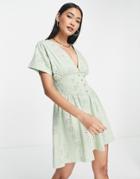 Asos Design Eyelet Mini Tea Dress With Buttons In Sage-green