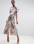 Asos Open Back Jumpsuit In Floral Print - Multi