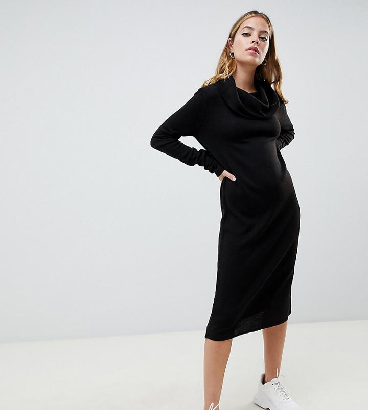 Asos Design Petite Cowl Neck Knitted Midi Dress With Extra Long Sleeve-black